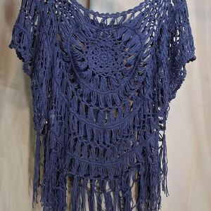 SHEIN Blue Crochet Fringe Poncho Sweater